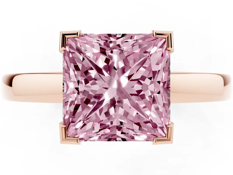 Fancy Pink Princess Cut Diamond Solitaire Ring Set in Rose gold with Prong Head and Smooth Polished Band
