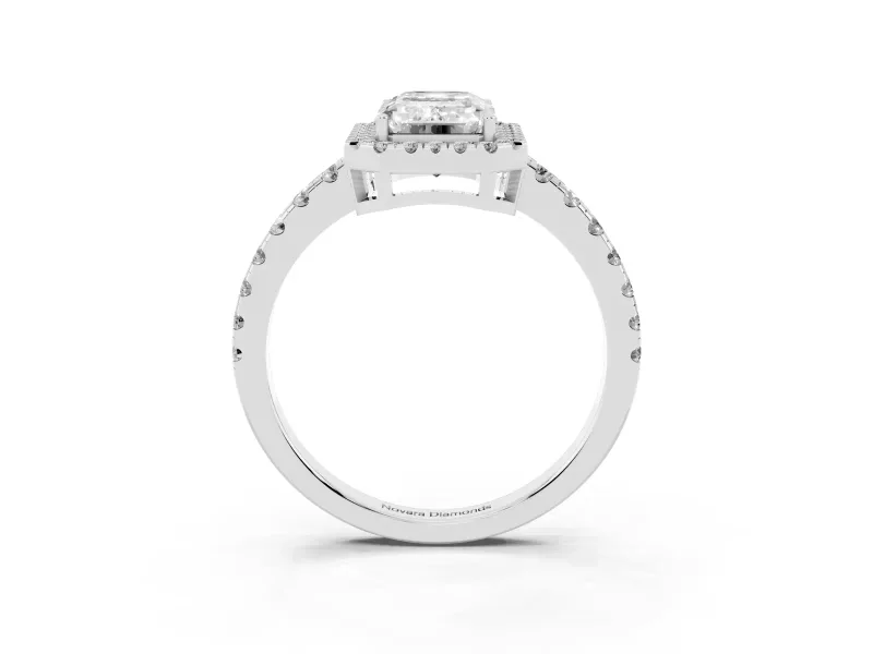 Emerald Cut Diamond Halo Ring Set in White gold with Delicate Pavé Band and Prong Setting
