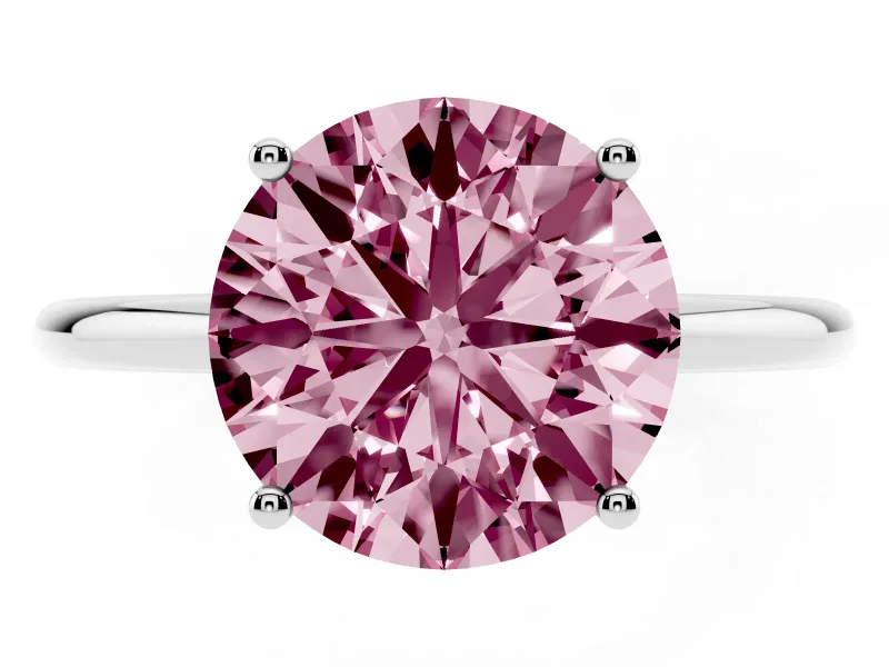 Fancy Pink Round Cut Diamond Solitaire Engagement Ring Set in Platinum with Thin Band and Prong Setting