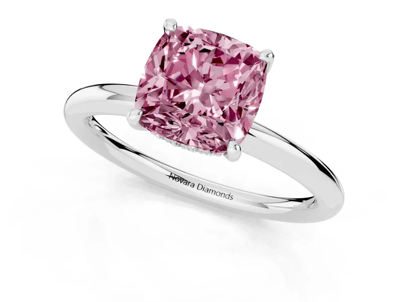 Fancy Pink Cushion Cut Diamond Solitaire Ring Set in Platinum with Thin Band and Prong Setting