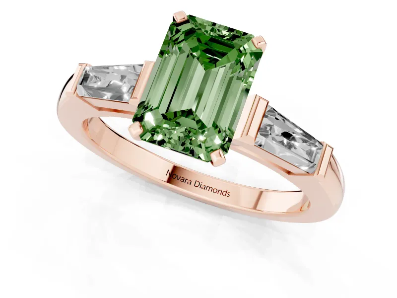 Emerald Cut Three Stone Engagement Ring Setting for a Fancy Green Lab-Grown Diamond | Tapered Baguettes | Rose Gold
