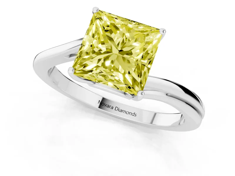 Fancy Yellow Princess Cut Diamond Solitaire Twist Band Ring Set in Platinum with Prong Setting