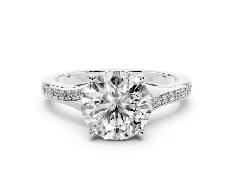 Round Cut Diamond Solitaire Ring Set in White gold with Pavé Accent Band and Classic Prong Setting