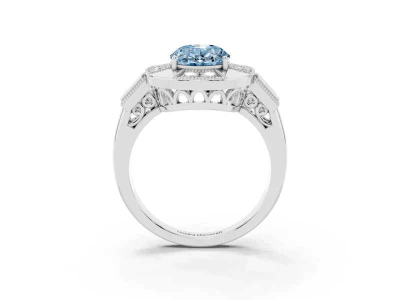 Fancy Blue Oval Cut Diamond Milgrain Halo Ring Set in Silver with Split Shank