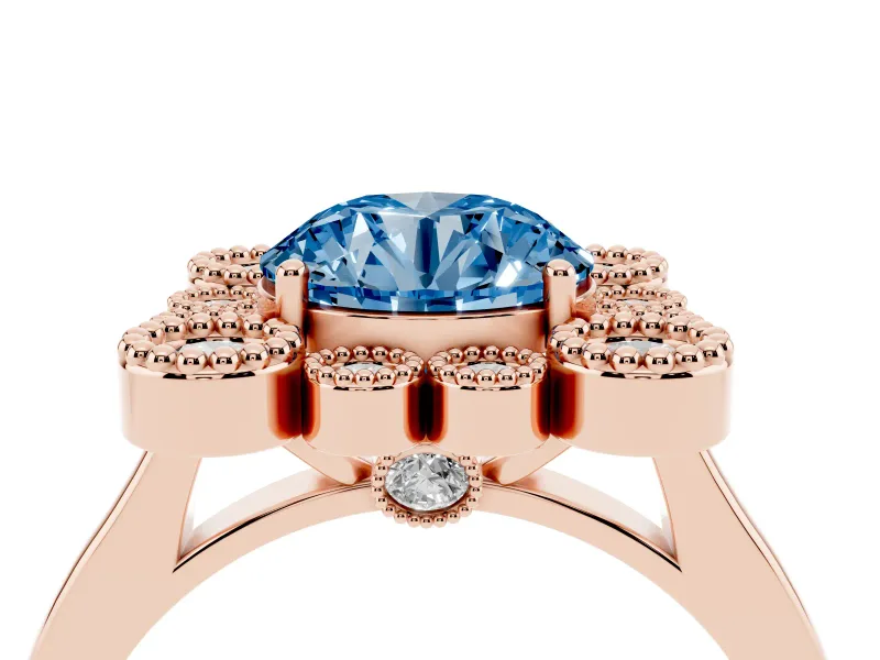 Round Milgrain Cluster Halo Engagement Ring Setting for a Fancy Blue Lab-Grown Diamond | Plain Band | Rose Gold