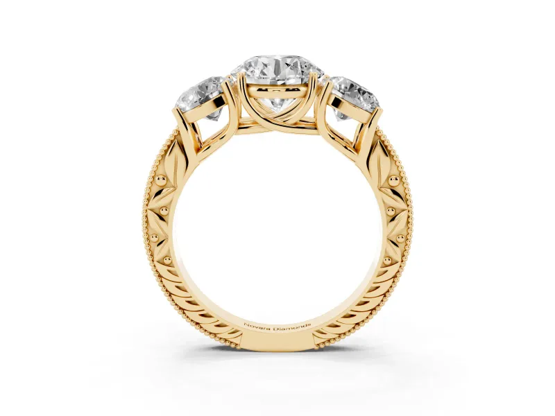 Round Vintage Three Stone Engagement Ring Setting | Milgrain Pavé Band | Yellow Gold