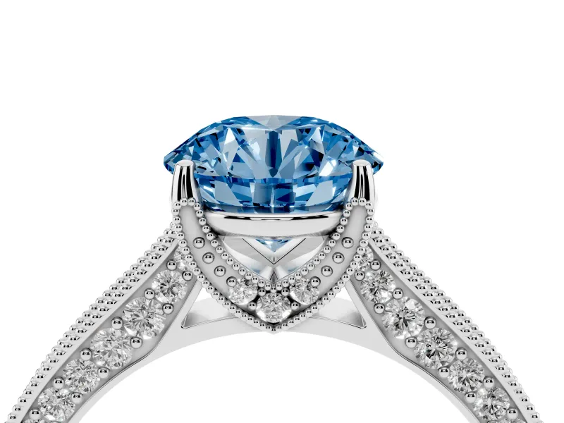 Round Hidden Halo Engagement Ring Setting for a Fancy Blue Lab-Grown Diamond | Milgrain Pave | Sterling Silver