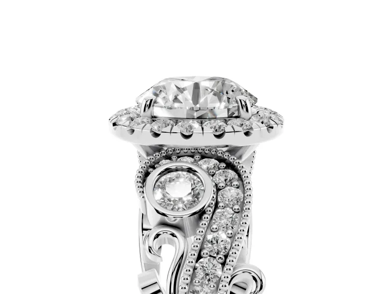 Round Cut Diamond Halo Ring Set in Platinum with Milgrain Pavé Band and Prong Setting