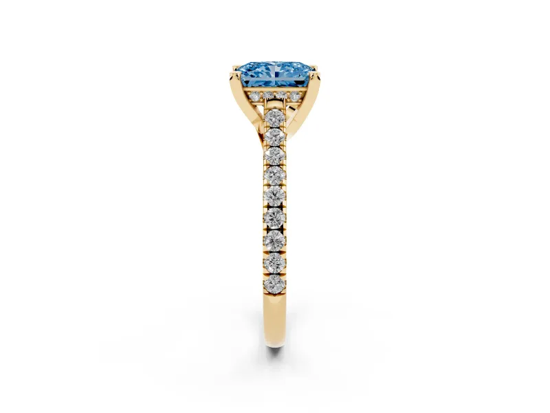 Radiant Cut Hidden Halo Pave Engagement Ring Setting for a Fancy Blue Lab-Grown Diamond | Claw Prongs | Yellow Gold