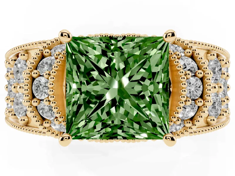 Princess Cut Vintage Pave Engagement Ring Setting for a Fancy Green Lab-Grown Diamond | Milgrain Edges | Yellow Gold