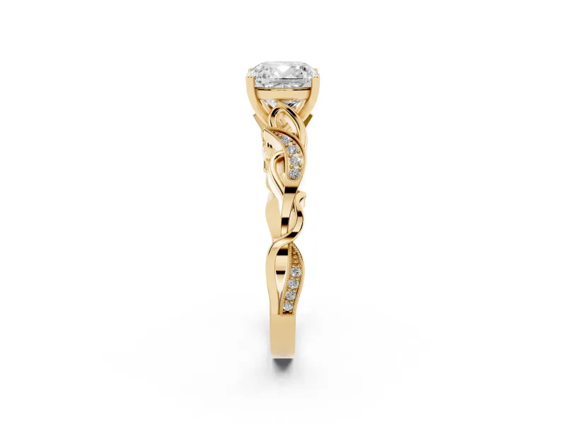Cushion Cut Vintage Vine Solitaire Engagement Ring Setting | Milgrain Leaves | Yellow Gold