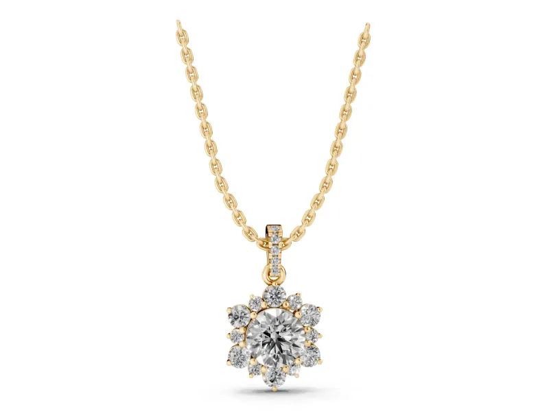 Round Lab-Grown Diamond Floral Cluster Pendant Necklace | Pavé Bail | Yellow Gold