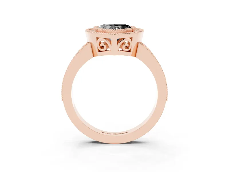 Fancy Black Heart Cut Diamond Round Halo Ring Set in Rose gold with Pavé Band