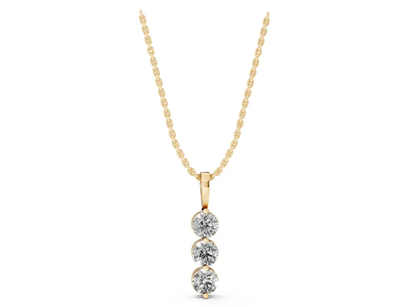 Round Lab-Grown Diamond Three-Stone Drop Pendant Necklace | Plain Bail | Yellow Gold