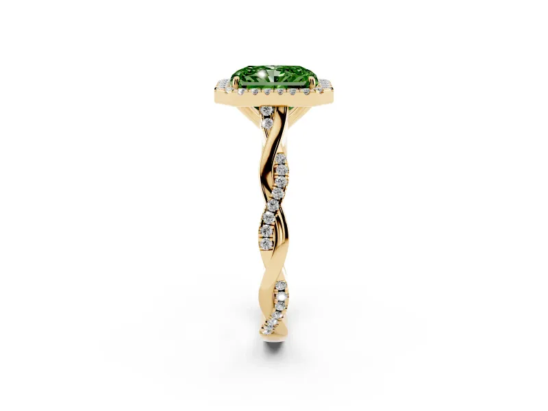 Radiant Cut Twist Halo Engagement Ring Setting for a Fancy Green Lab-Grown Diamond | Yellow Gold