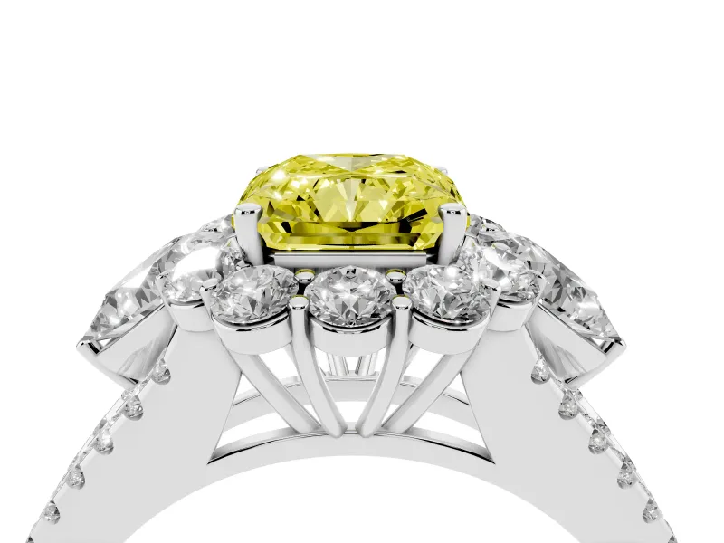 Fancy Yellow Radiant Cut Diamond Halo Split Shank Engagement Ring Set in White gold with Prong-Held Center Stone