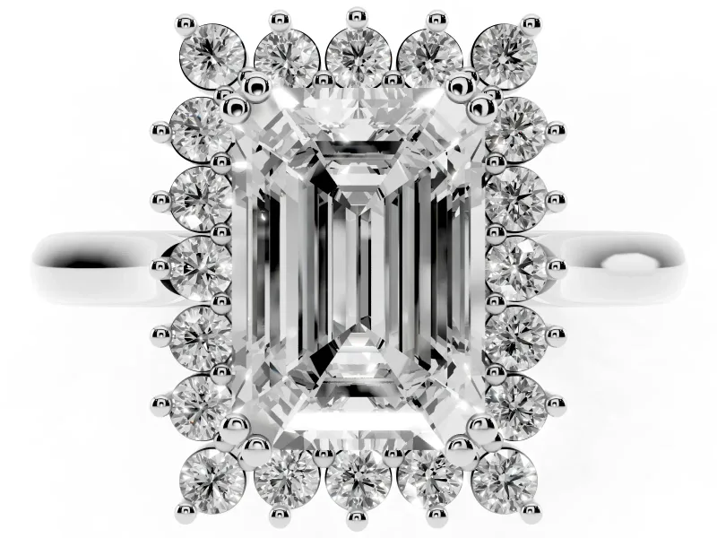 Emerald Cut Starburst Halo Engagement Ring Setting | Thin Plain Band | White Gold