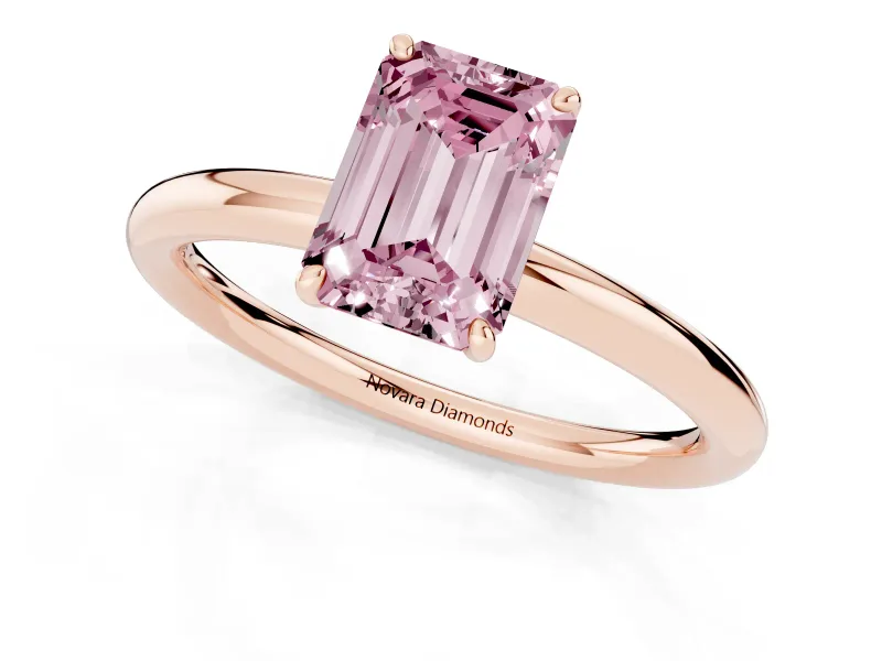 Fancy Pink Emerald Cut Diamond Solitaire Ring Set in Rose gold with Prong Setting on a Polished Plain Band