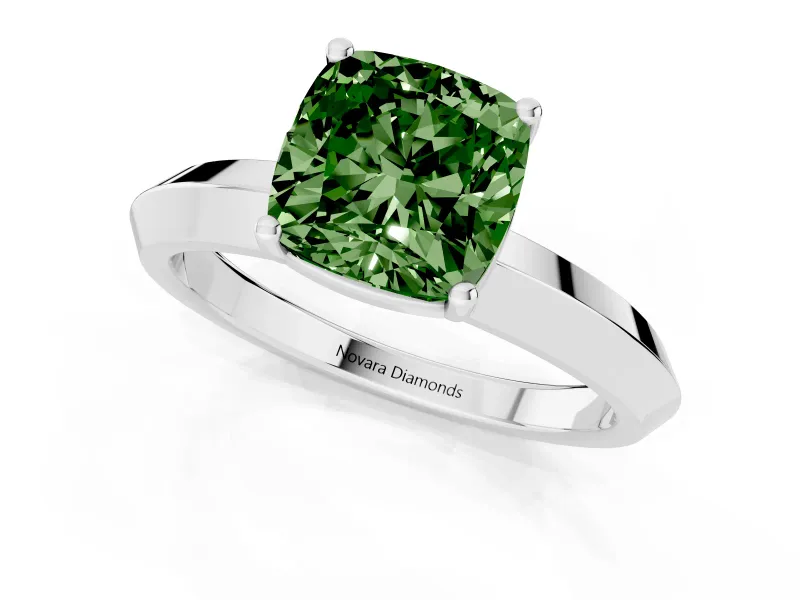 Fancy Green Cushion Cut Diamond Solitaire Engagement Ring Set in Silver with Flat Band and Prong Setting