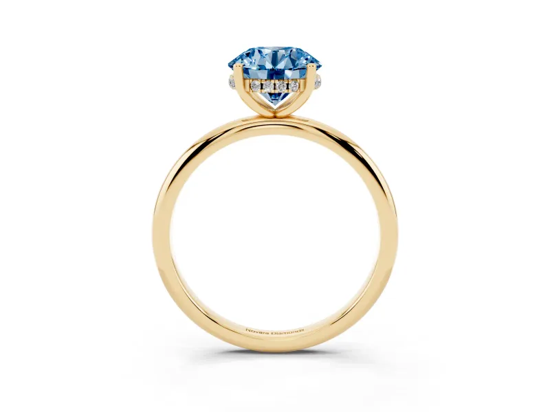 Round Micro-Prong Hidden Halo Engagement Ring Setting for a Fancy Blue Lab-Grown Diamond | Plain Band | Yellow Gold