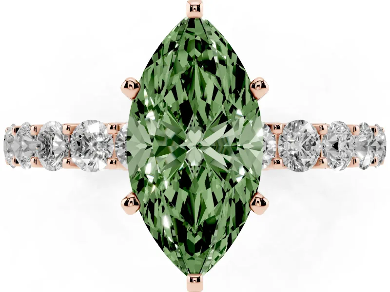 Fancy Green Marquise Cut Diamond Solitaire Ring Set in Rose gold with Shared Prong Pavé Band