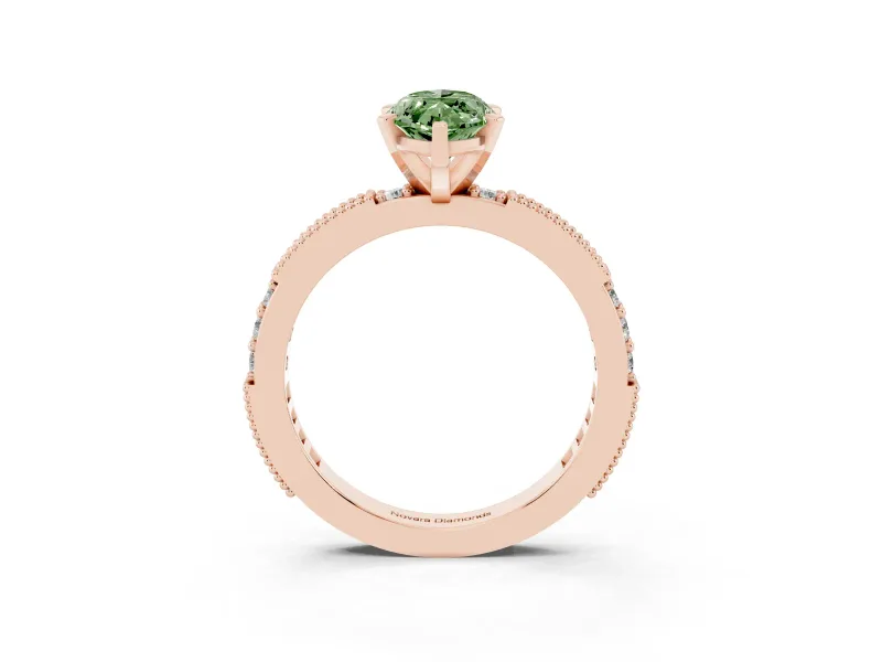 Fancy Green Marquise Cut Diamond Solitaire Ring Set in Rose gold with Slim Pavé Band and Prong Setting