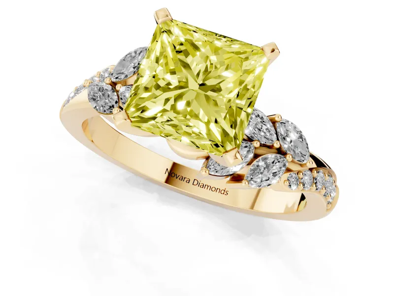 Fancy Yellow Princess Cut Diamond Solitaire Ring Set in Yellow gold with Marquise Twist Band and Prong Setting