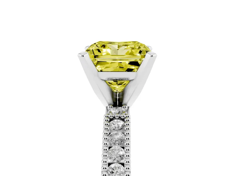 Fancy Yellow Princess Cut Diamond Solitaire Ring Set in Silver with Slim Pavé Band and Prong Setting
