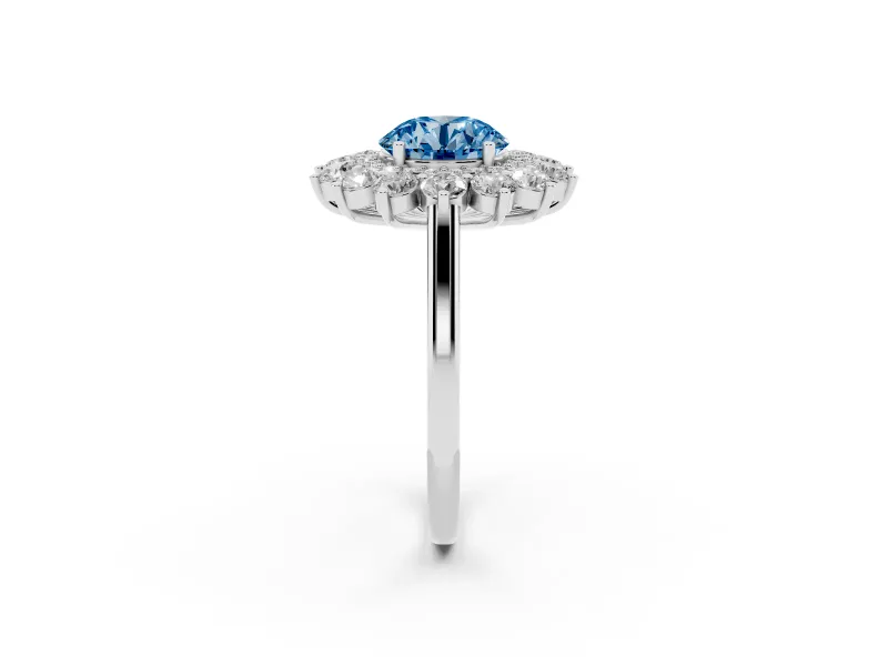 Round Floral Halo Engagement Ring Setting for a Fancy Blue Lab-Grown Diamond | Plain Band | Platinum
