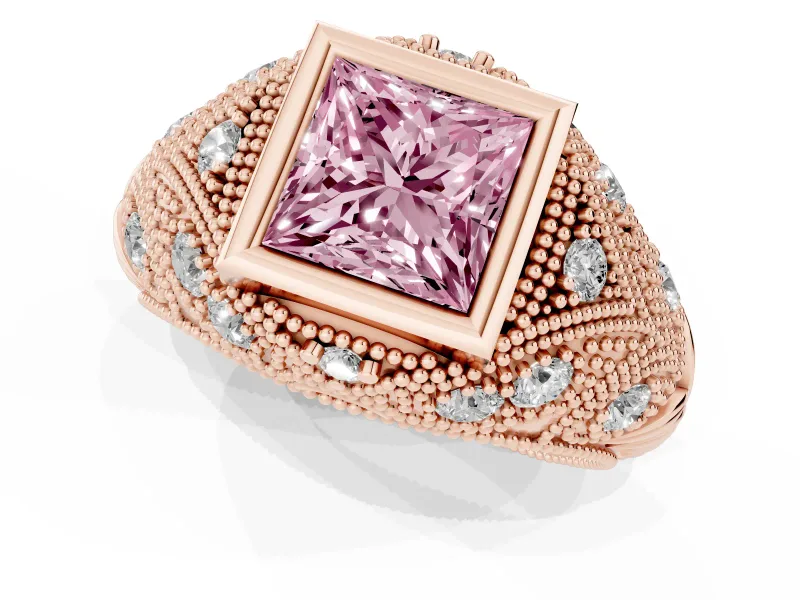 Fancy Pink Princess Cut Diamond Bezel Ring Set in Rose gold with Milgrain Accent Band