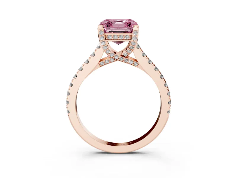 Asscher Cut Hidden Halo Pave Engagement Ring Setting for a Fancy Pink Lab-Grown Diamond | Claw Prongs | Rose Gold