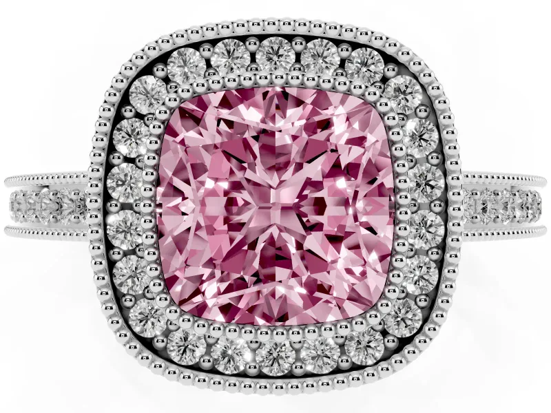 Fancy Pink Cushion Cut Diamond Halo Ring Set in White gold with Pavé Band and Milgrain-Edged Prongs