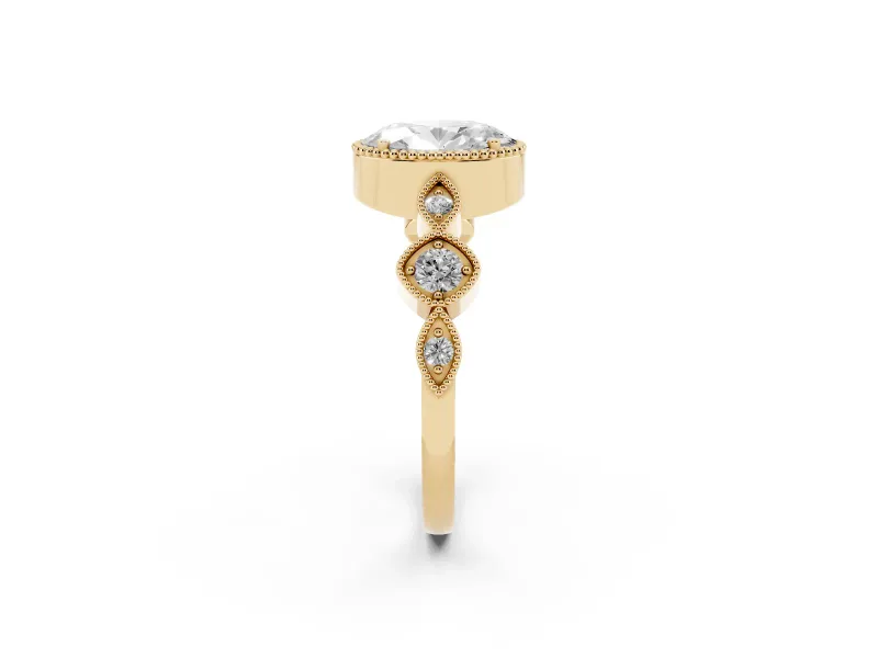 Oval Cut Diamond Vintage-Inspired Milgrain Ring Set in Yellow gold with Marquise Stations of Round Accents