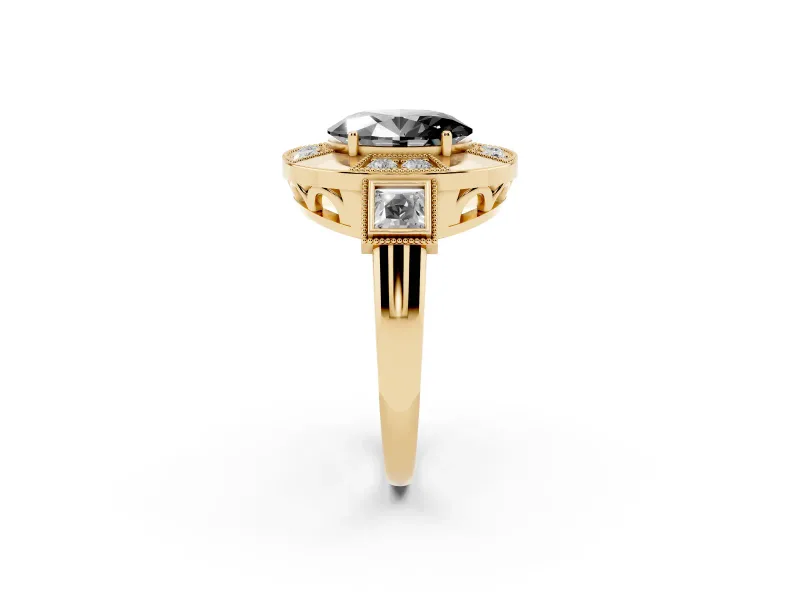 Fancy Black Oval Cut Diamond Milgrain Halo Ring Set in Yellow gold with Split Shank