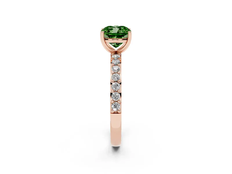 Fancy Green Cushion Cut Diamond Solitaire Set in Rose gold with Round Pavé Band and Prong Setting