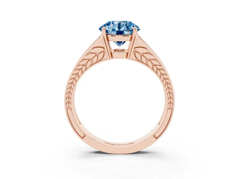 Fancy Blue Round Cut Diamond Split Shank Ring Set in Rose gold with Pavé Band and Prong Setting