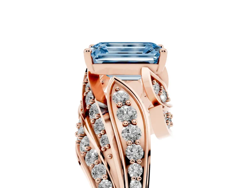 Emerald Cut Bypass Hidden Halo Engagement Ring Setting for a Fancy Blue Lab-Grown Diamond | Graduated Pavé | Rose Gold