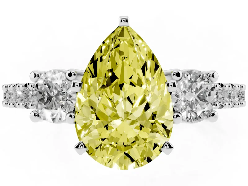 Fancy Yellow Three-Stone Pear Cut Diamond Pavé Band Ring Set in White gold with Prong Setting