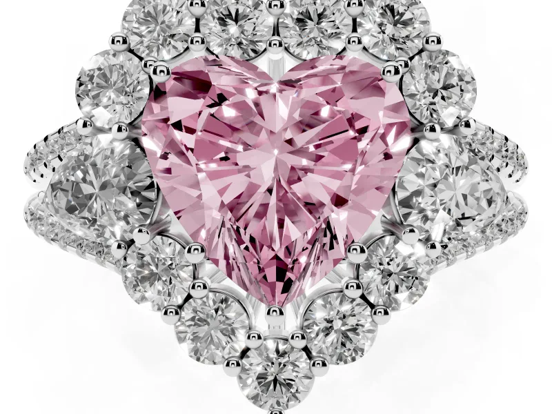 Fancy Pink Heart Cut Diamond Halo Split Shank Engagement Ring Set in Silver with Prong-Held Center Stone