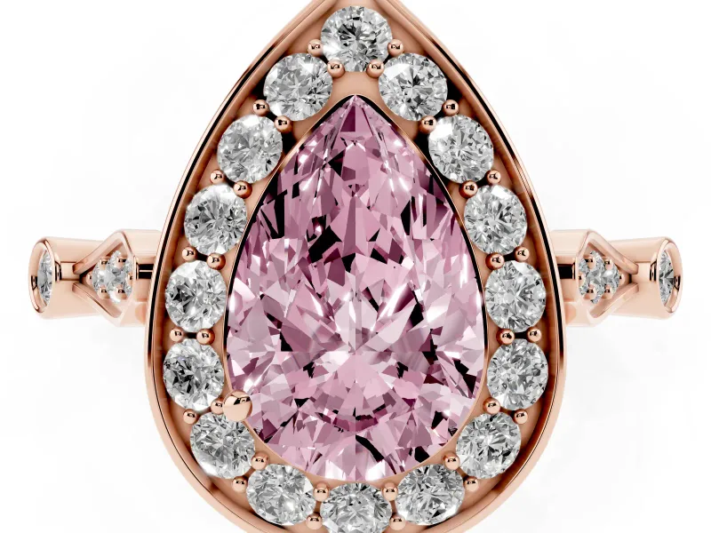 Pear-Shaped Halo Engagement Ring Setting for a Fancy Pink Lab-Grown Diamond | Bezel Station Shoulders | Rose Gold