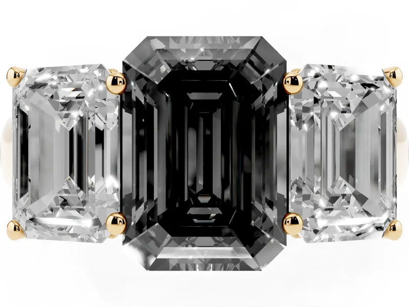 Emerald Cut Three Stone Engagement Ring Setting for a Black Center | Basket Prong Heads | Yellow Gold