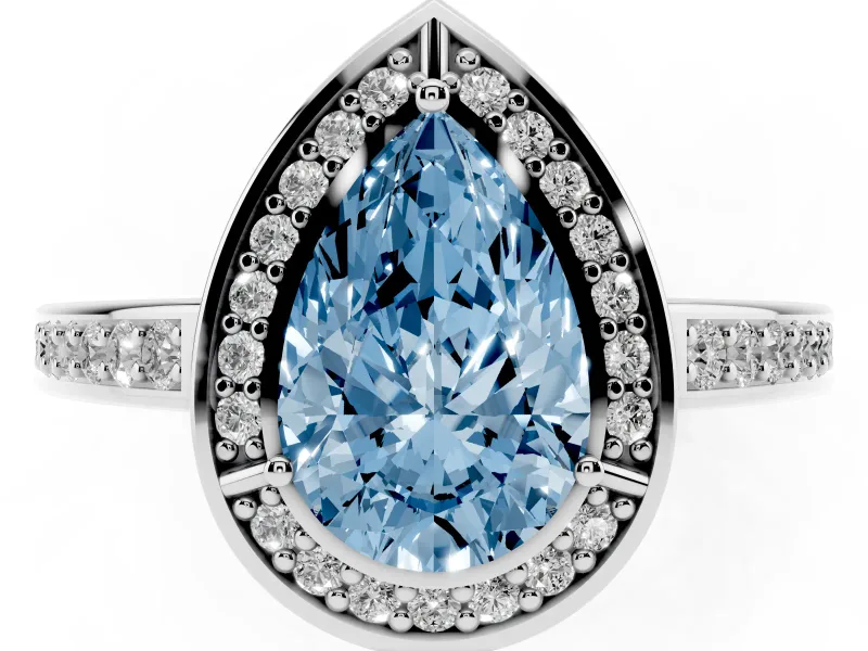 Fancy Blue Pear Cut Diamond Halo Pavé Split Shank Ring Set in Platinum with Prong Setting