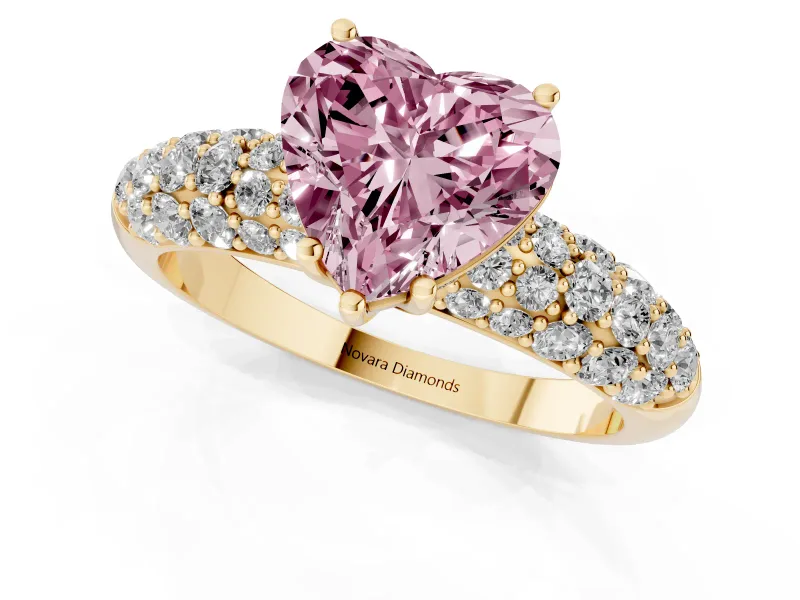 Heart-Shaped Multi Row Pave Engagement Ring Setting for a Fancy Pink Lab-Grown Diamond | Yellow Gold
