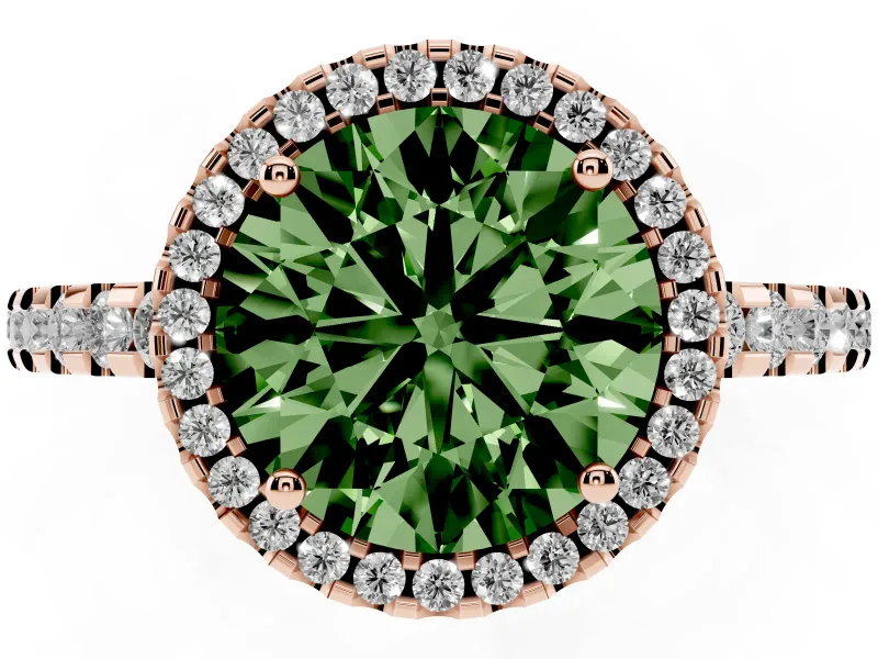 Round Halo Engagement Ring Setting for a Fancy Green Lab-Grown Diamond | Half Pave Band | Rose Gold