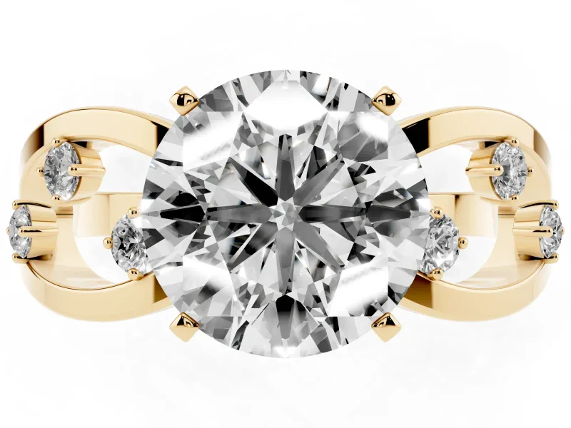 Round Cut Diamond Solitaire Ring Set in Yellow gold with Side Stones on Criss-Cross Band and Prong Setting