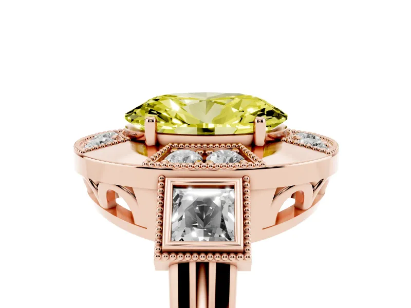Fancy Yellow Oval Cut Diamond Milgrain Halo Ring Set in Rose gold with Split Shank