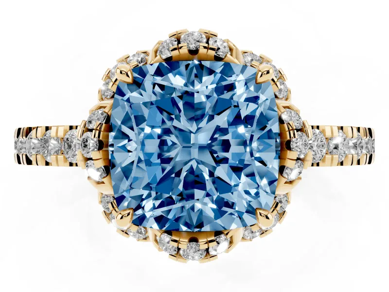 Cushion Cut Floral Petal Halo Engagement Ring Setting for a Fancy Blue Lab-Grown Diamond | Pavé Band | Yellow Gold