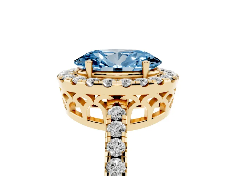 Fancy Blue Oval Cut Diamond Pavé Band Halo Engagement Ring Set in Yellow gold with Prong Setting
