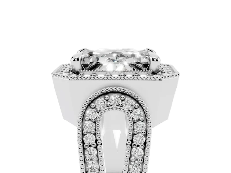 Emerald Cut Vintage Milgrain Halo Engagement Ring Setting | Open Loop Pave Shoulders | White Gold