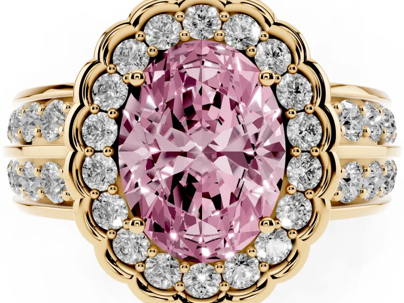 Oval Scalloped Halo Engagement Ring Setting for a Fancy Pink Lab-Grown Diamond | Double Row Band | Yellow Gold